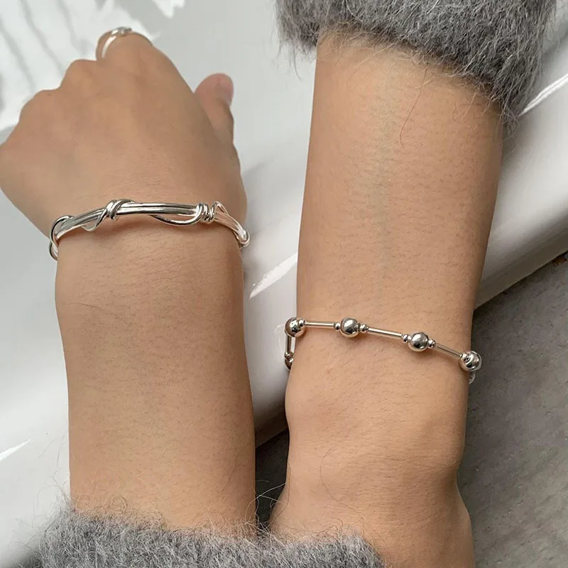PANJBJ 925 Sterling Silver Irregular Geometry Texture Bangle Bracelet for Women Girl Minimalism Jewelry Gift Dropshipping