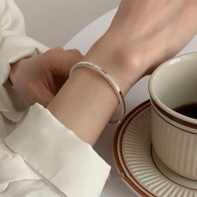 PANJBJ 925 Sterling Silver Irregular Geometry Texture Bangle Bracelet for Women Girl Minimalism Jewelry Gift Dropshipping