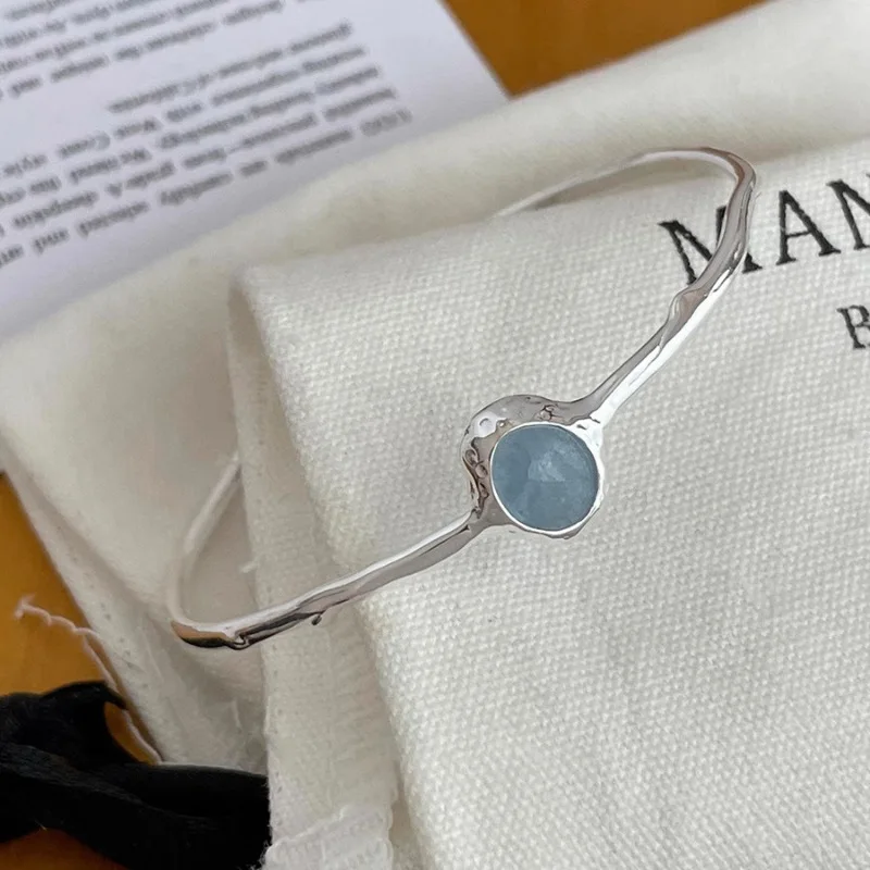 PANJBJ 925 Sterling Silver Irregular Geometry Texture Bangle Bracelet for Women Girl Minimalism Jewelry Gift Dropshipping