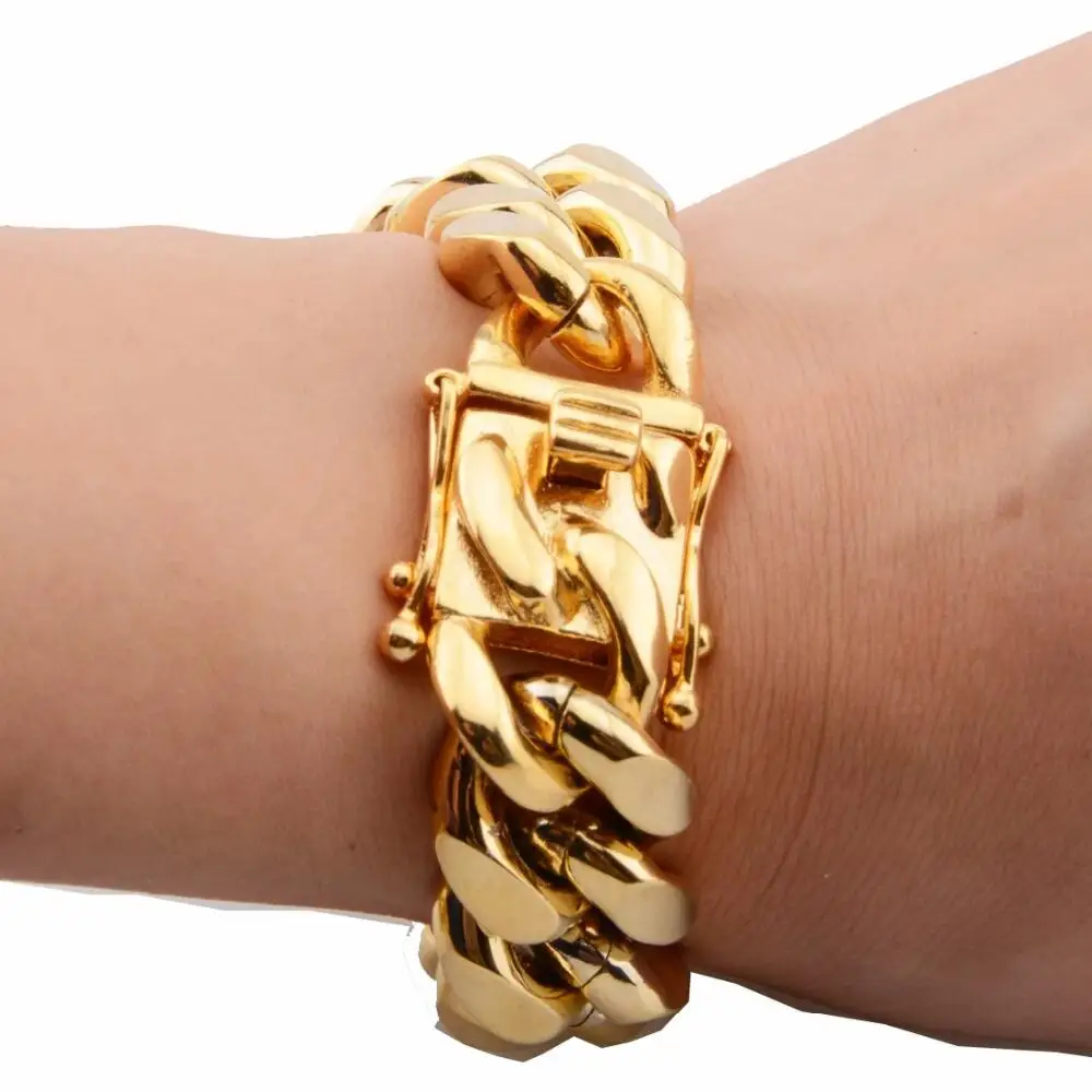 Gold Color/Rose Gold Stainless Steel Curb Cuban Link Chain Bracelet Bangle Jewelry 7-11inch for Men Women 8/10/12/14/16/18mm Gold Color/Rose Gold Stainless Steel Curb Cuban Link Chain Bracelet Bangle Jewelry 7-11inch for Men Women 8/10/12/14/16/18mm