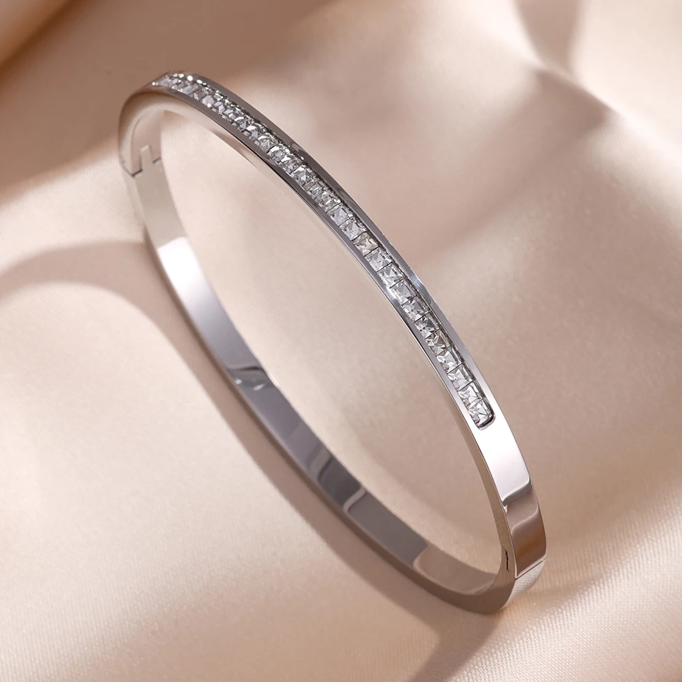 ZAKOL 5/1pcs Sparkling Zirconia Inlaid Stainless Steel Copper Bracelet Set for Women Luxury Shiny Zircon Stackable Jewelry Gift