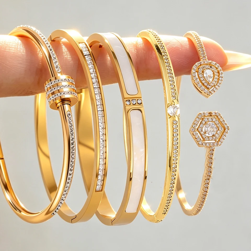 ZAKOL 5/1pcs Sparkling Zirconia Inlaid Stainless Steel Copper Bracelet Set for Women Luxury Shiny Zircon Stackable Jewelry Gift