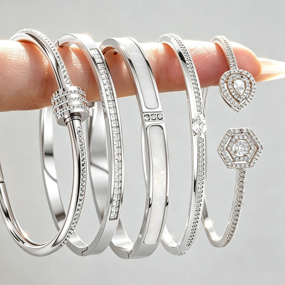 ZAKOL 5/1pcs Sparkling Zirconia Inlaid Stainless Steel Copper Bracelet Set for Women Luxury Shiny Zircon Stackable Jewelry Gift