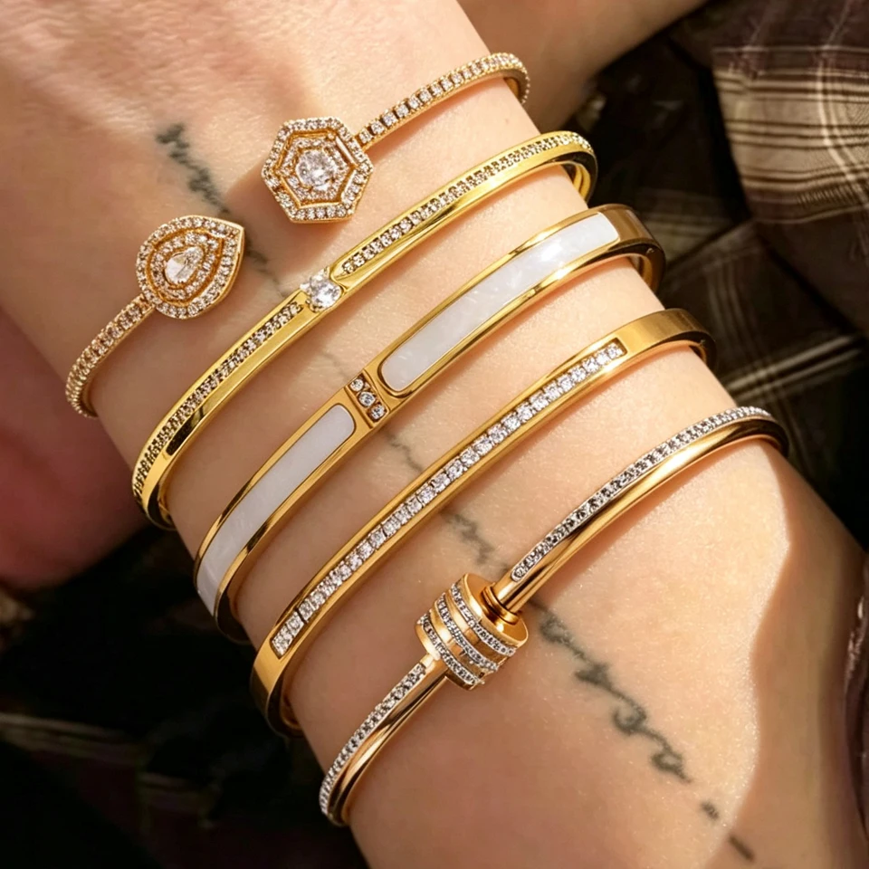 ZAKOL 5/1pcs Sparkling Zirconia Inlaid Stainless Steel Copper Bracelet Set for Women Luxury Shiny Zircon Stackable Jewelry Gift
