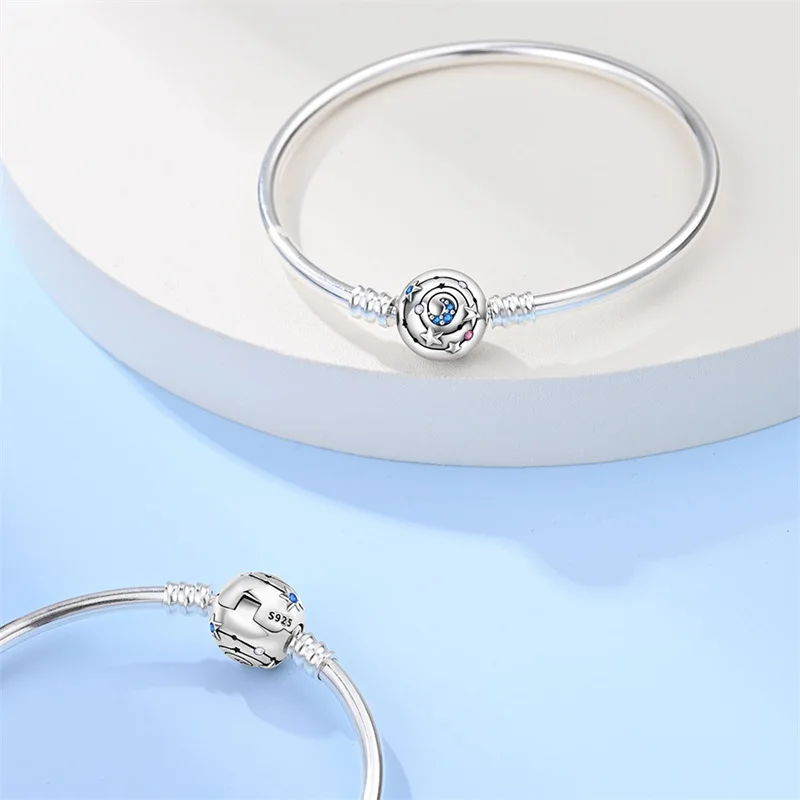 Bracelet Silver 925 Original 17-20CM Star Moon Sun Four Leaf Clover Green Zircon Bracelets Fit DIY Charms Birthday Jewelry Gifts