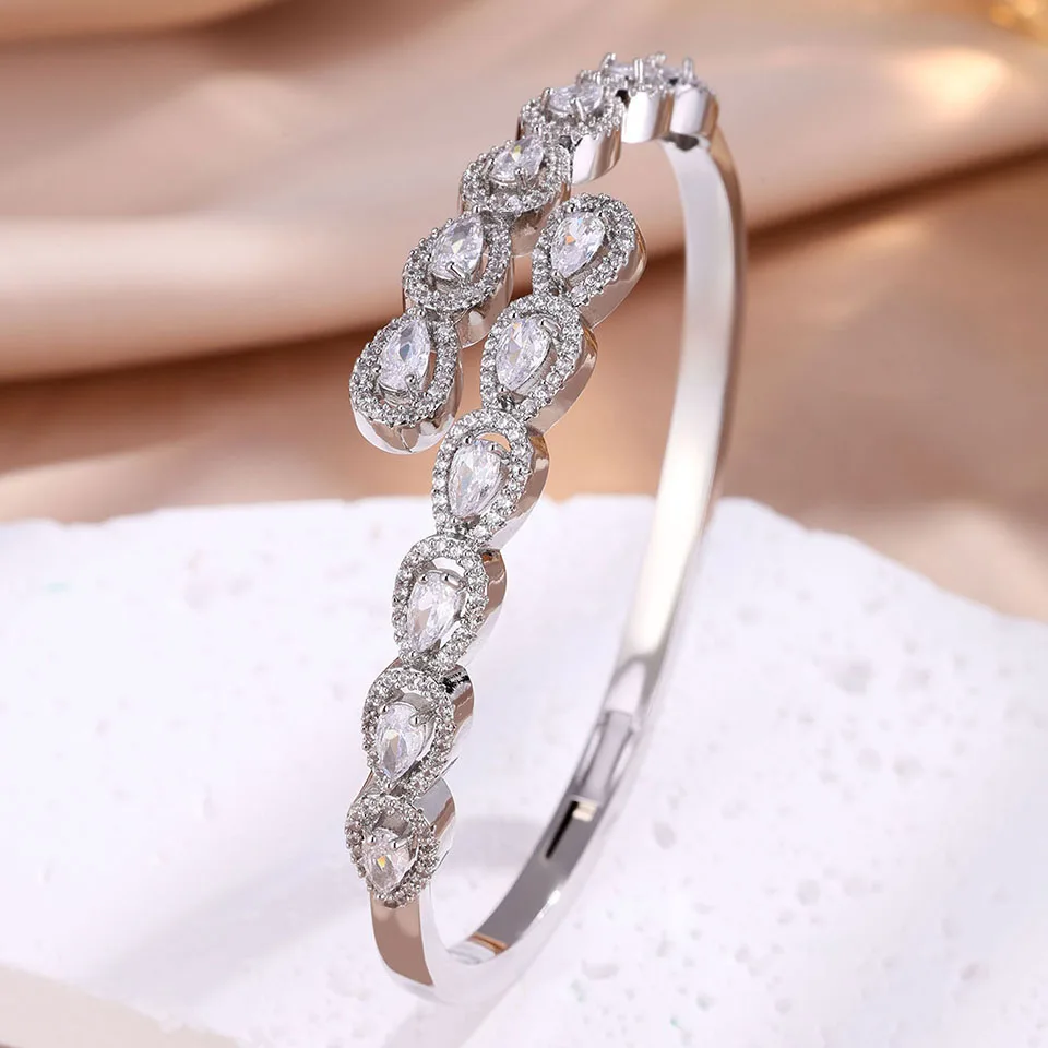 Yupsk 3pcs Geometric Water Drop Cubic Zirconia Bracelet Stainless Steel Copper Mixed Stacking Jewelry for Women Men