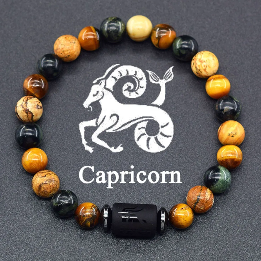 12 Zodiac Sign Bracelet Homme Constellation Bangle Natural Yellow Tiger Eye Stone Hematite Cancer Virgo Leo Libra Bracelet Women