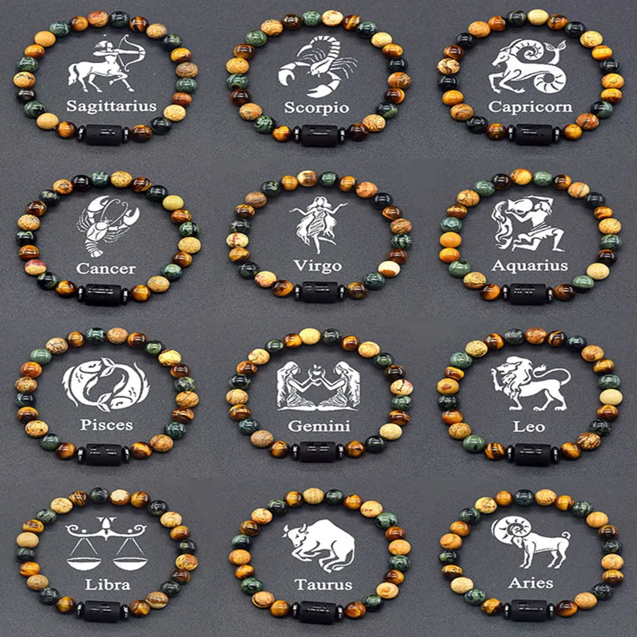 12 Zodiac Sign Bracelet Homme Constellation Bangle Natural Yellow Tiger Eye Stone Hematite Cancer Virgo Leo Libra Bracelet Women