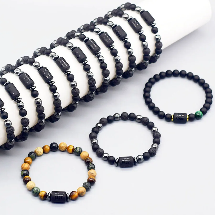 12 Zodiac Sign Bracelet Homme Constellation Bangle Natural Yellow Tiger Eye Stone Hematite Cancer Virgo Leo Libra Bracelet Women