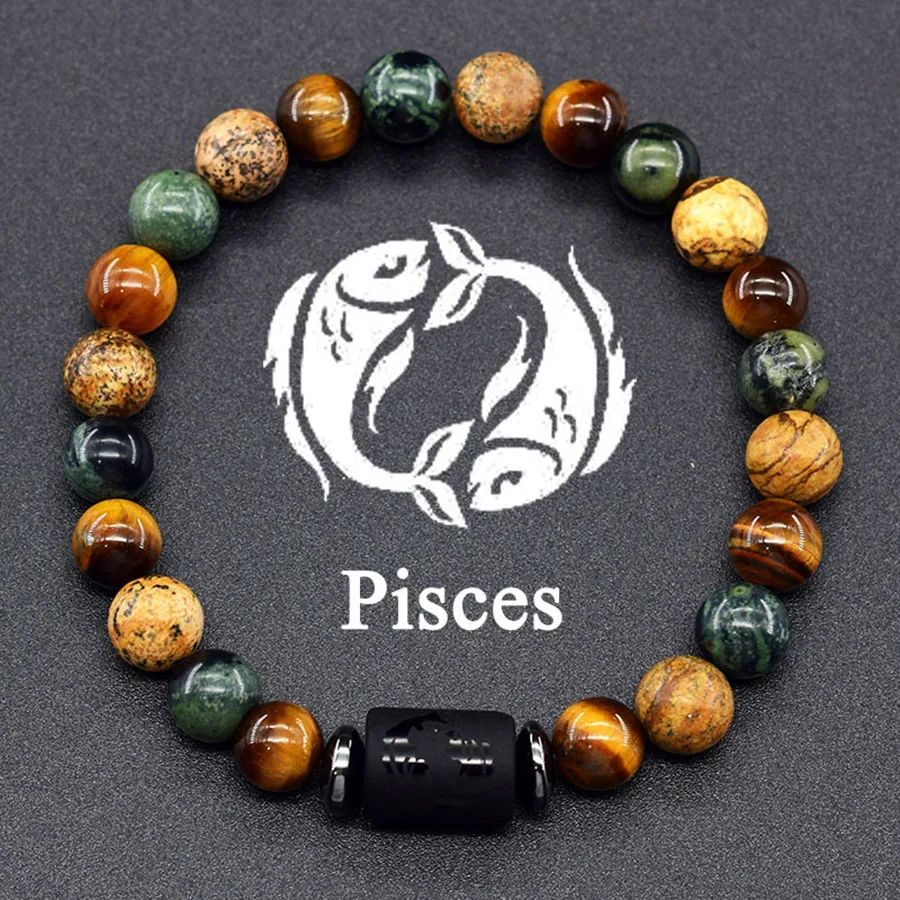 12 Zodiac Sign Bracelet Homme Constellation Bangle Natural Yellow Tiger Eye Stone Hematite Cancer Virgo Leo Libra Bracelet Women