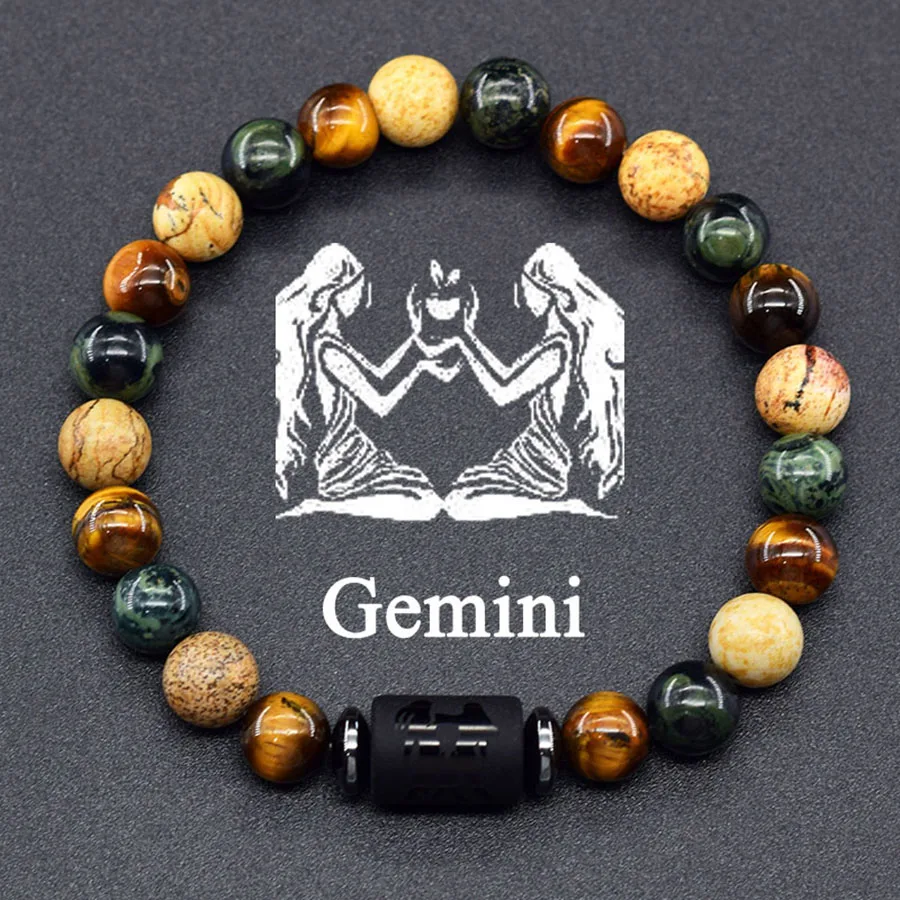 12 Zodiac Sign Bracelet Homme Constellation Bangle Natural Yellow Tiger Eye Stone Hematite Cancer Virgo Leo Libra Bracelet Women