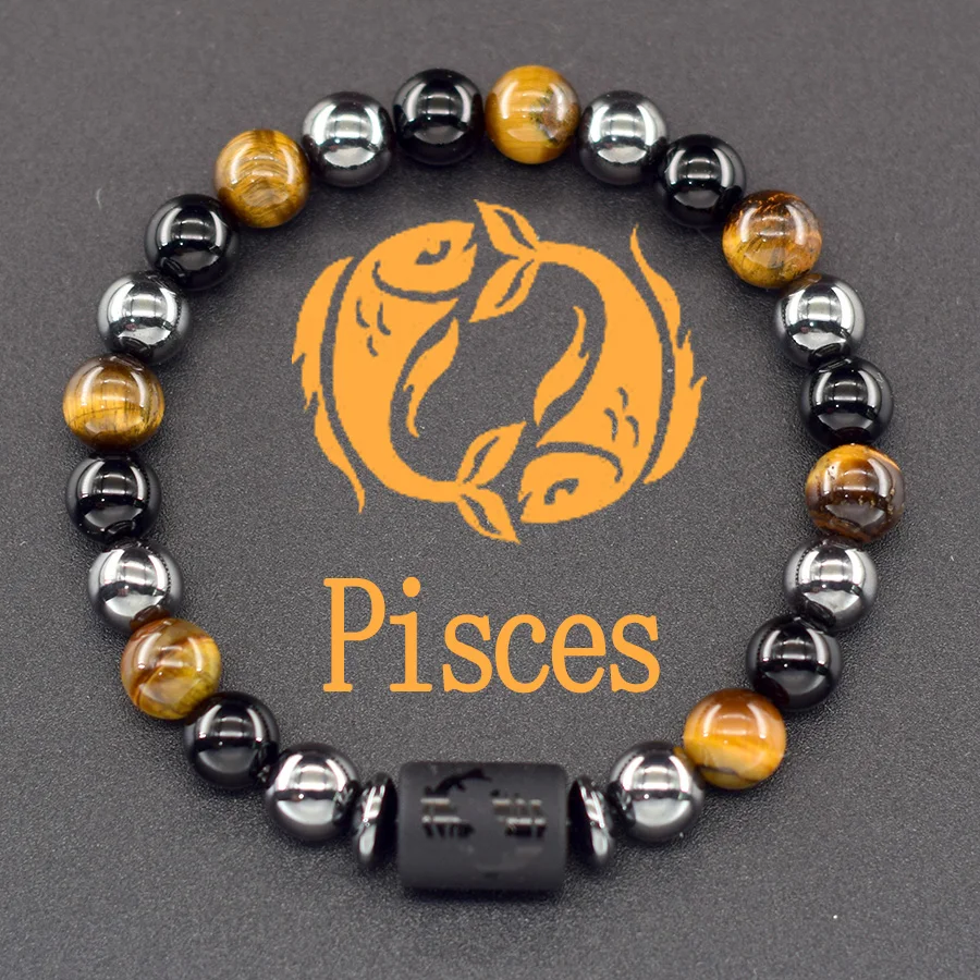 12 Zodiac Sign Bracelet Homme Constellation Bangle Natural Yellow Tiger Eye Stone Hematite Cancer Virgo Leo Libra Bracelet Women