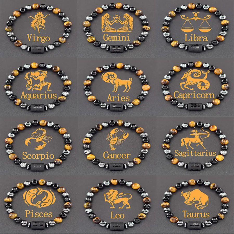 12 Zodiac Sign Bracelet Homme Constellation Bangle Natural Yellow Tiger Eye Stone Hematite Cancer Virgo Leo Libra Bracelet Women