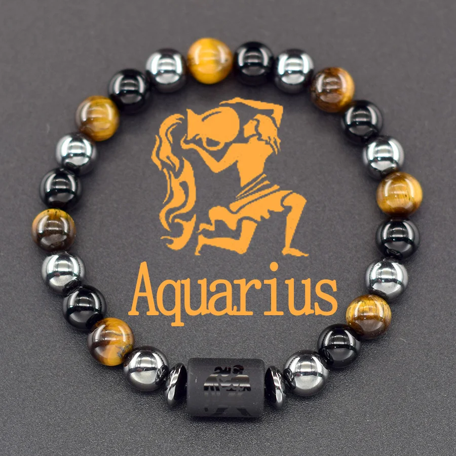 12 Zodiac Sign Bracelet Homme Constellation Bangle Natural Yellow Tiger Eye Stone Hematite Cancer Virgo Leo Libra Bracelet Women