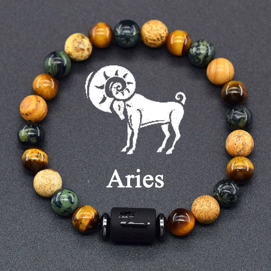 12 Zodiac Sign Bracelet Homme Constellation Bangle Natural Yellow Tiger Eye Stone Hematite Cancer Virgo Leo Libra Bracelet Women