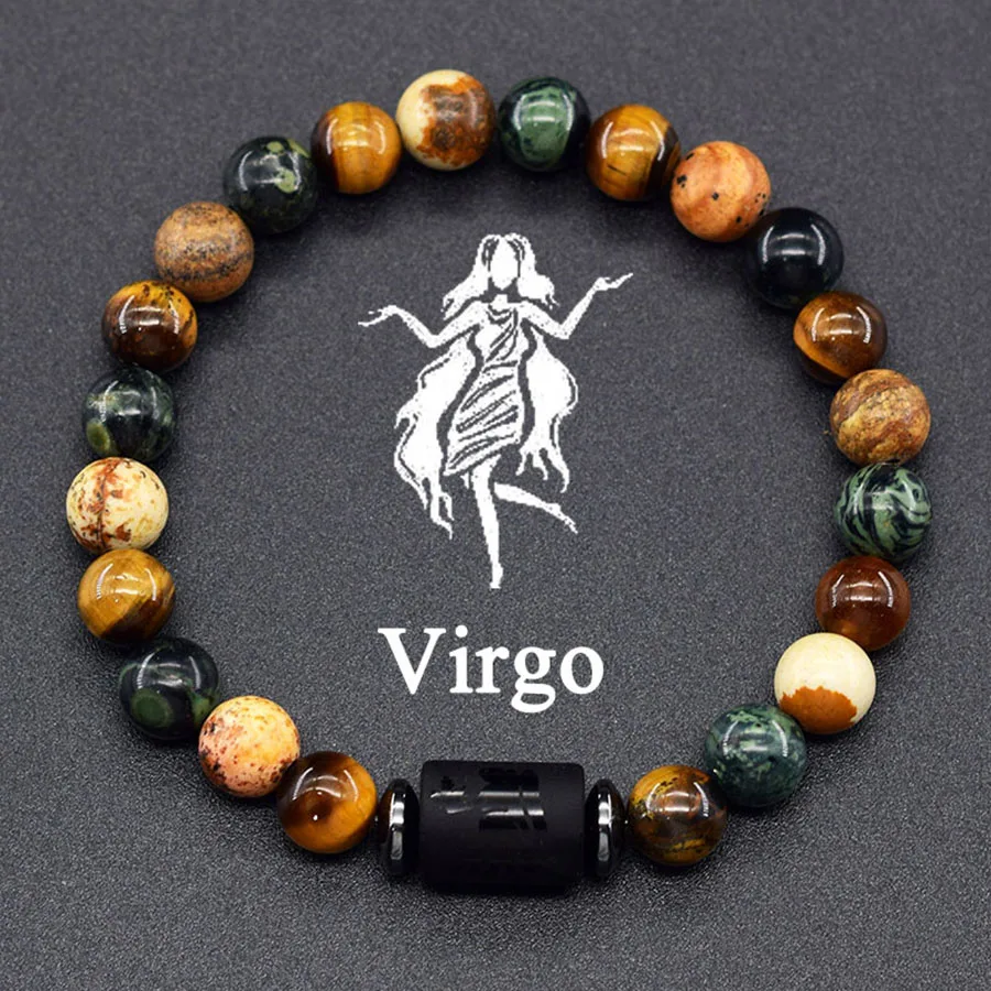 12 Zodiac Sign Bracelet Homme Constellation Bangle Natural Yellow Tiger Eye Stone Hematite Cancer Virgo Leo Libra Bracelet Women