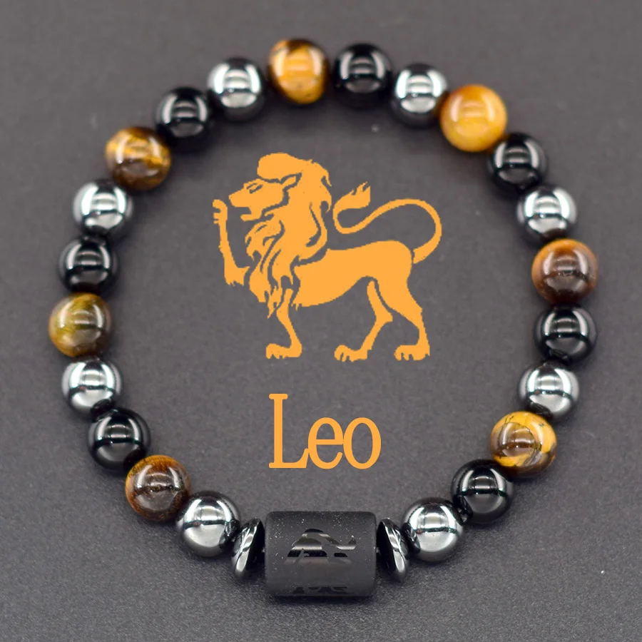 12 Zodiac Sign Bracelet Homme Constellation Bangle Natural Yellow Tiger Eye Stone Hematite Cancer Virgo Leo Libra Bracelet Women