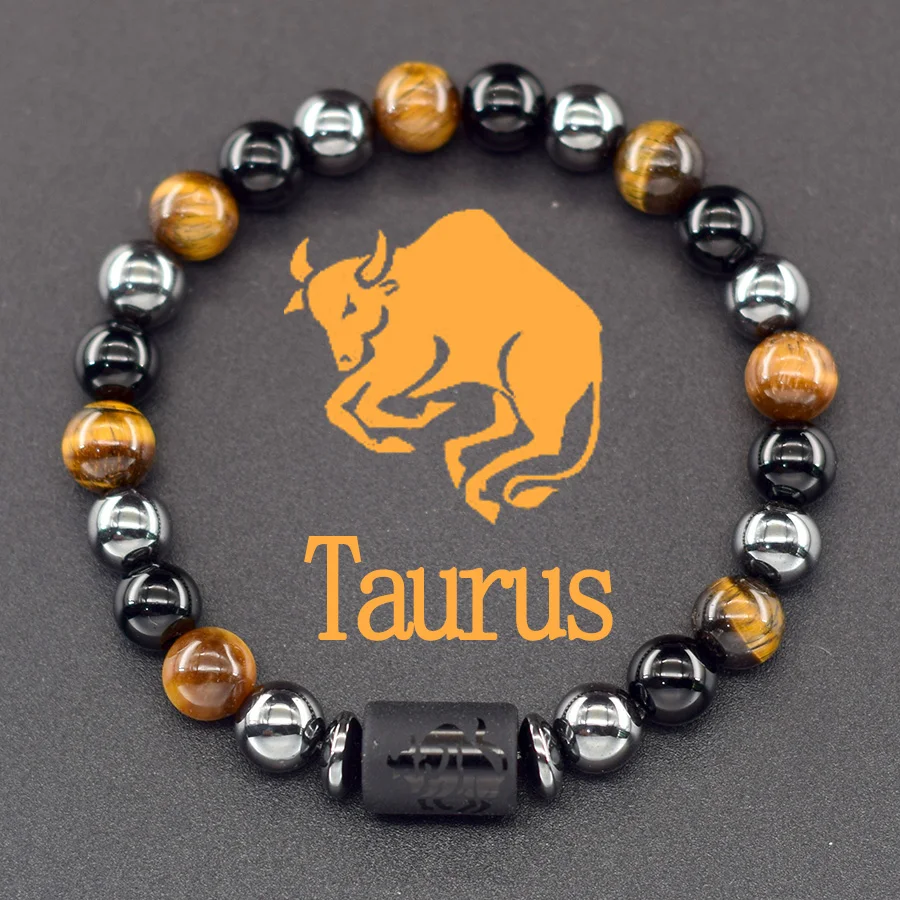 12 Zodiac Sign Bracelet Homme Constellation Bangle Natural Yellow Tiger Eye Stone Hematite Cancer Virgo Leo Libra Bracelet Women