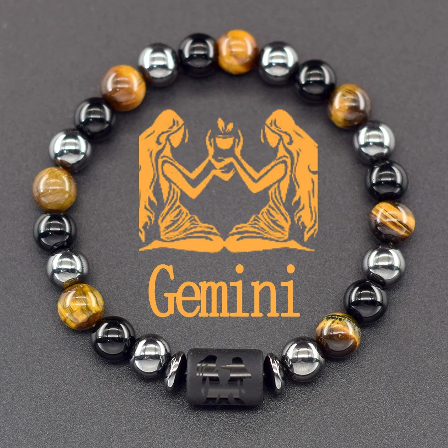 12 Zodiac Sign Bracelet Homme Constellation Bangle Natural Yellow Tiger Eye Stone Hematite Cancer Virgo Leo Libra Bracelet Women