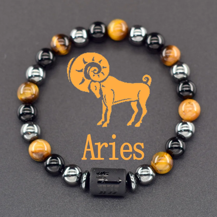 12 Zodiac Sign Bracelet Homme Constellation Bangle Natural Yellow Tiger Eye Stone Hematite Cancer Virgo Leo Libra Bracelet Women
