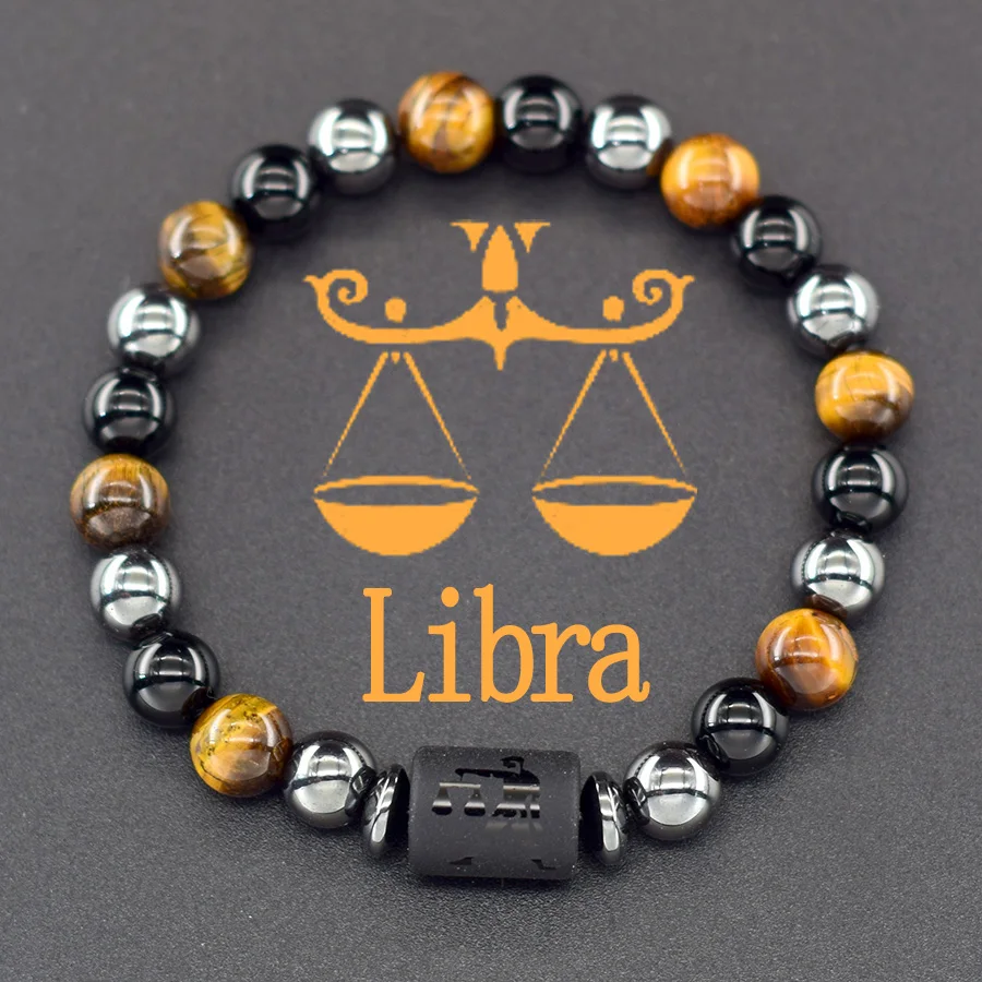 12 Zodiac Sign Bracelet Homme Constellation Bangle Natural Yellow Tiger Eye Stone Hematite Cancer Virgo Leo Libra Bracelet Women