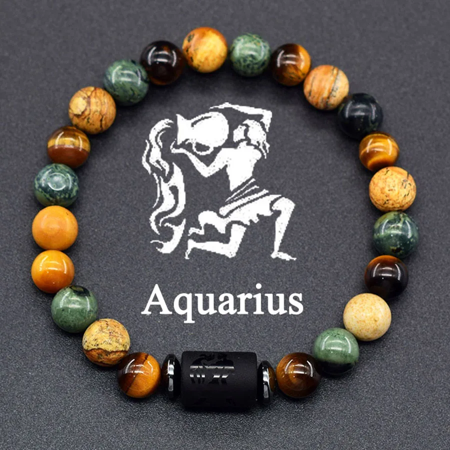 12 Zodiac Sign Bracelet Homme Constellation Bangle Natural Yellow Tiger Eye Stone Hematite Cancer Virgo Leo Libra Bracelet Women