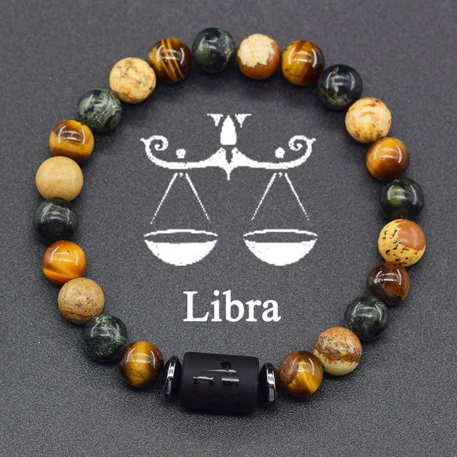 12 Zodiac Sign Bracelet Homme Constellation Bangle Natural Yellow Tiger Eye Stone Hematite Cancer Virgo Leo Libra Bracelet Women
