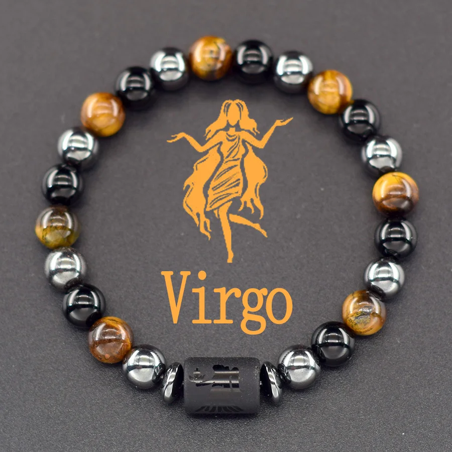 12 Zodiac Sign Bracelet Homme Constellation Bangle Natural Yellow Tiger Eye Stone Hematite Cancer Virgo Leo Libra Bracelet Women