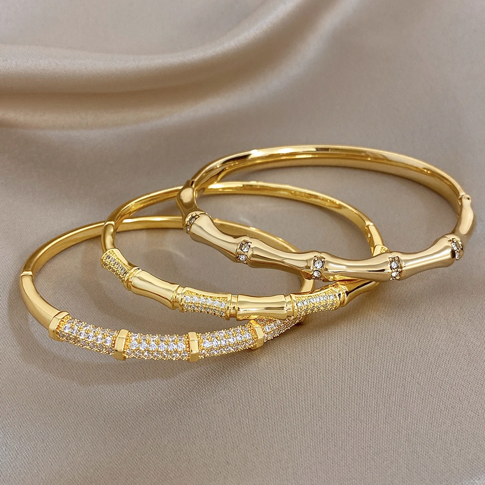 Elegant Diamond-encrusted Bone Bamboo Joint Shape Cuff Bracelet For Women Classic Plated Gold Shiny Temperament Jewelry Set