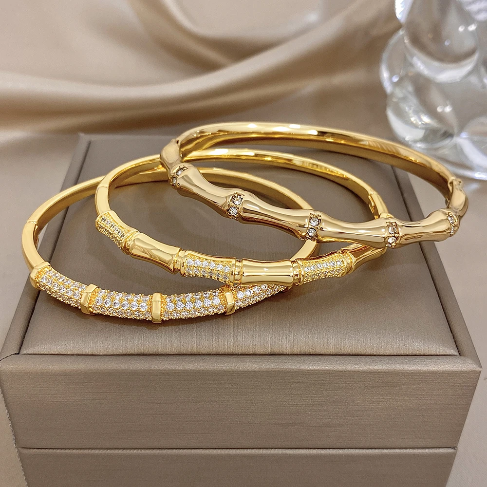 Elegant Diamond-encrusted Bone Bamboo Joint Shape Cuff Bracelet For Women Classic Plated Gold Shiny Temperament Jewelry Set