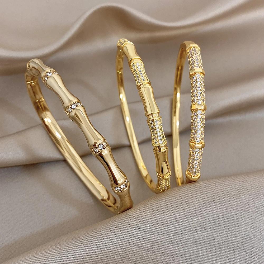 Elegant Diamond-encrusted Bone Bamboo Joint Shape Cuff Bracelet For Women Classic Plated Gold Shiny Temperament Jewelry Set