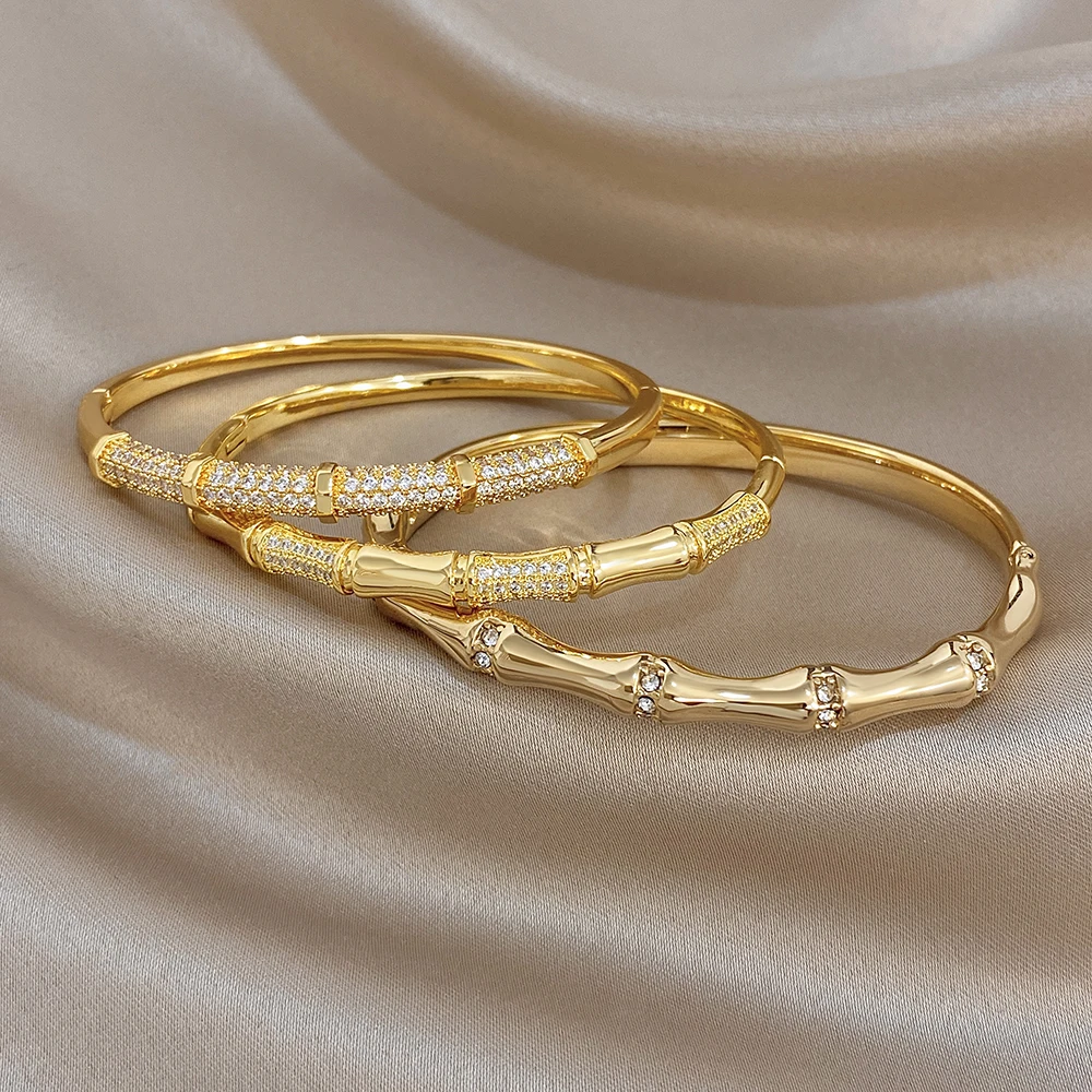 Elegant Diamond-encrusted Bone Bamboo Joint Shape Cuff Bracelet For Women Classic Plated Gold Shiny Temperament Jewelry Set