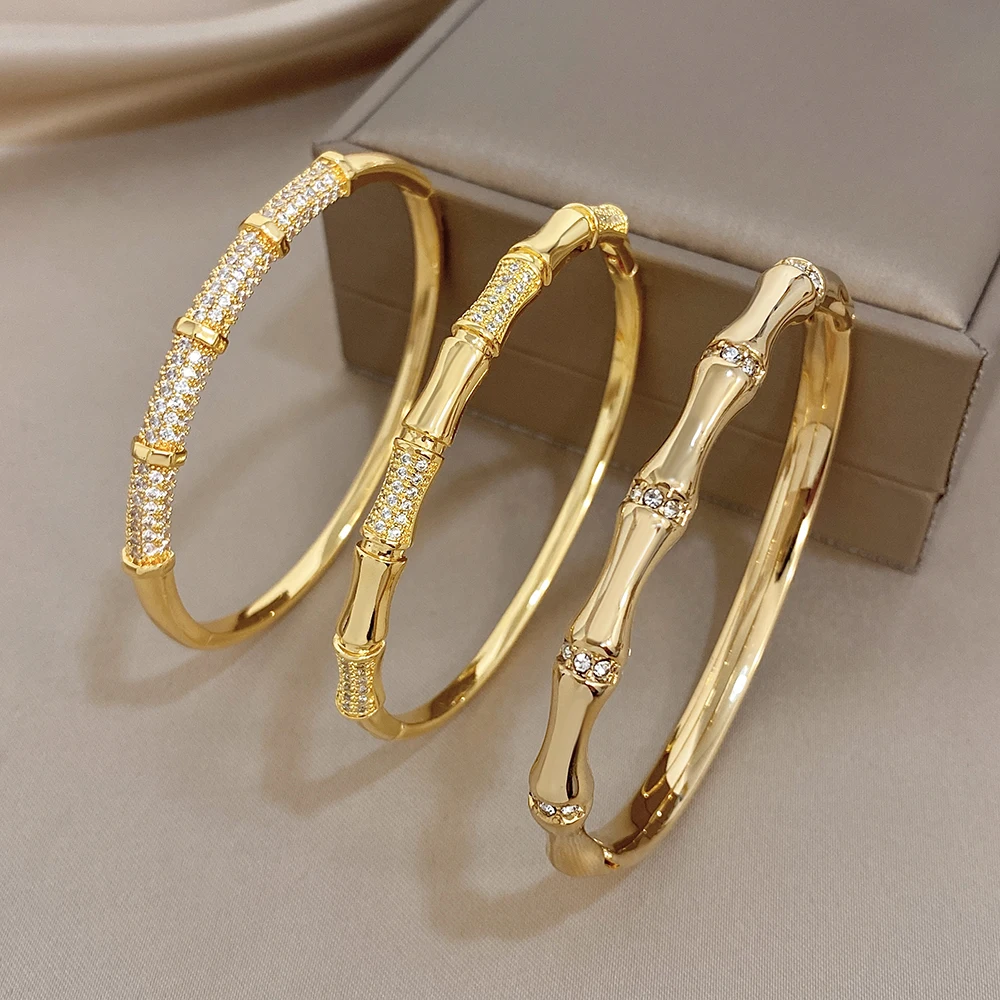 Elegant Diamond-encrusted Bone Bamboo Joint Shape Cuff Bracelet For Women Classic Plated Gold Shiny Temperament Jewelry Set