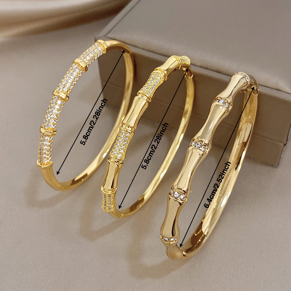 Elegant Diamond-encrusted Bone Bamboo Joint Shape Cuff Bracelet For Women Classic Plated Gold Shiny Temperament Jewelry Set