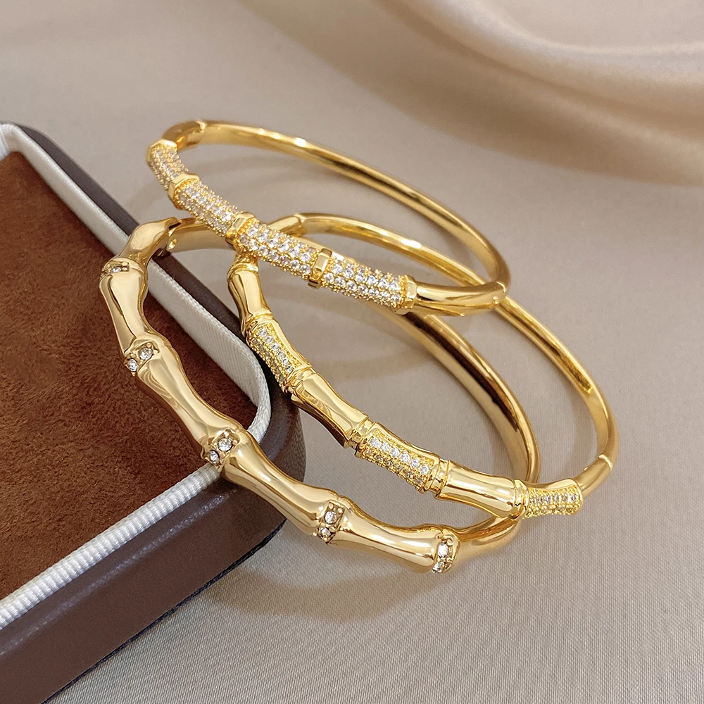 Elegant Diamond-encrusted Bone Bamboo Joint Shape Cuff Bracelet For Women Classic Plated Gold Shiny Temperament Jewelry Set