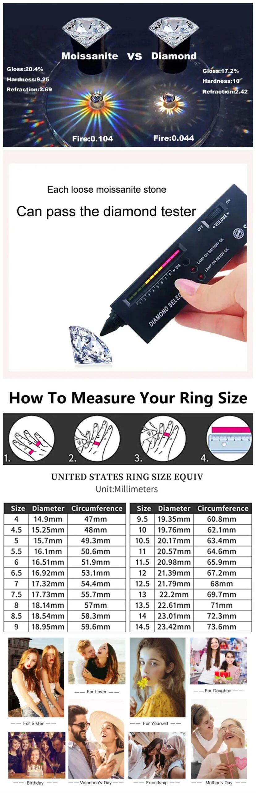 0.7CT D Color VVS1 EX Round Moissanite Ring 925 Sterling Silver Eternity Ring Women Engagement Wedding Luxury Band