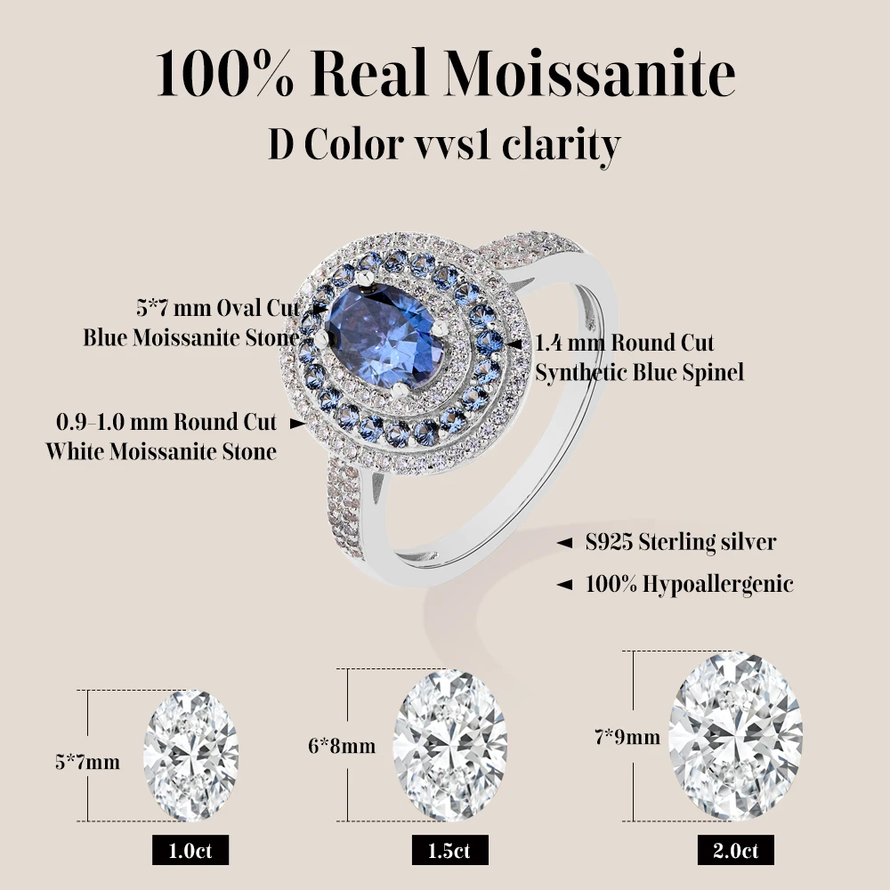 ATTAGEMS Blue Moissanite Women Rings Oval Cut 1.0CT Real S925 Sterling Silver Jewelry For Wedding Engagement Ring With Certified ATTAGEMS Blue Moissanite Women Rings Oval Cut 1.0CT Real S925 Sterling Silver Jewelry For Wedding Engagement Ring With Certified