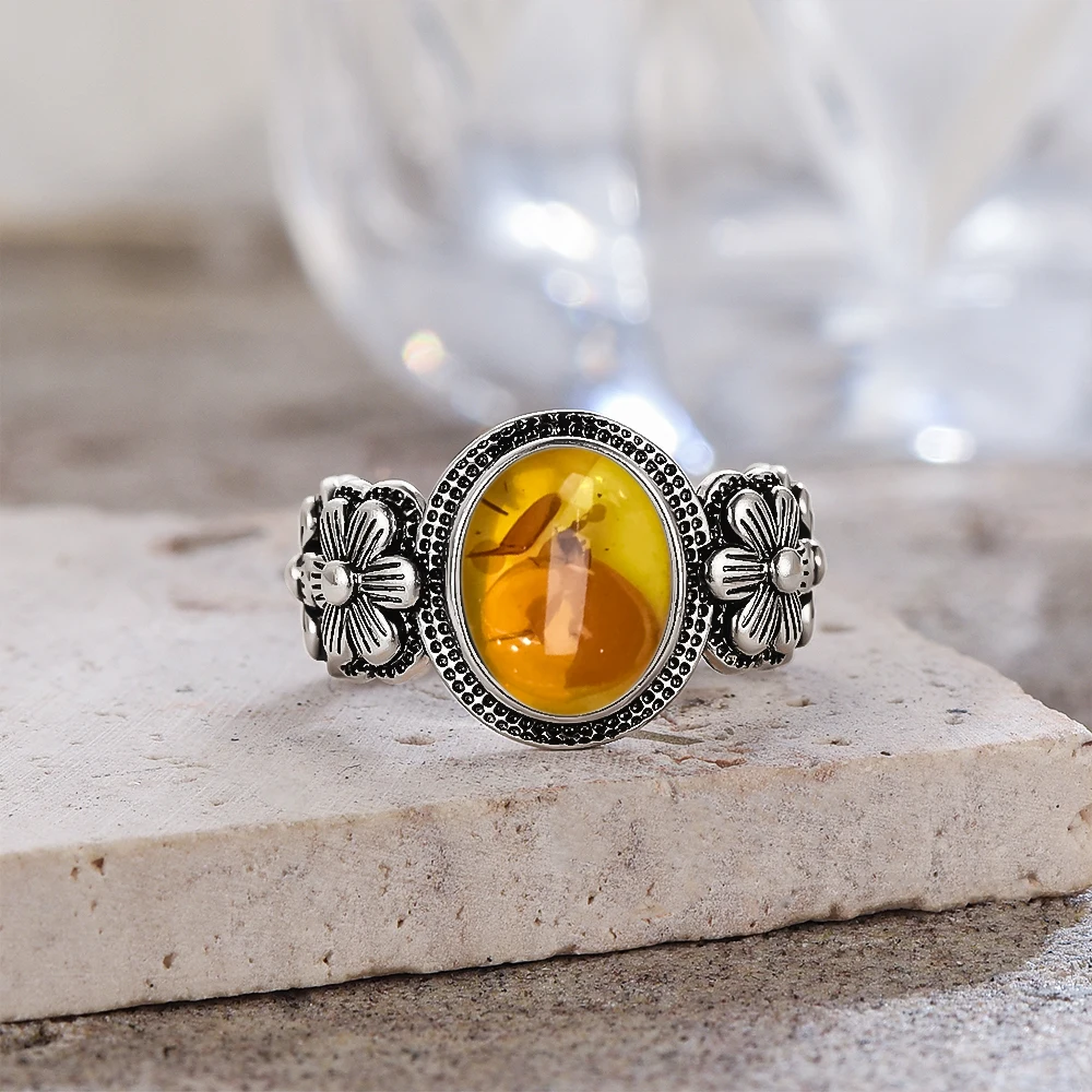 S925 Sterling Silver Ring With Natural Amber Stone Flower Shape Oval Petal Amber Stone Gifts Fine Jewelry For Women