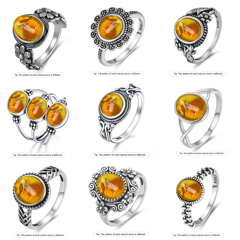 S925 Sterling Silver Ring With Natural Amber Stone Flower Shape Oval Petal Amber Stone Gifts Fine Jewelry For Women