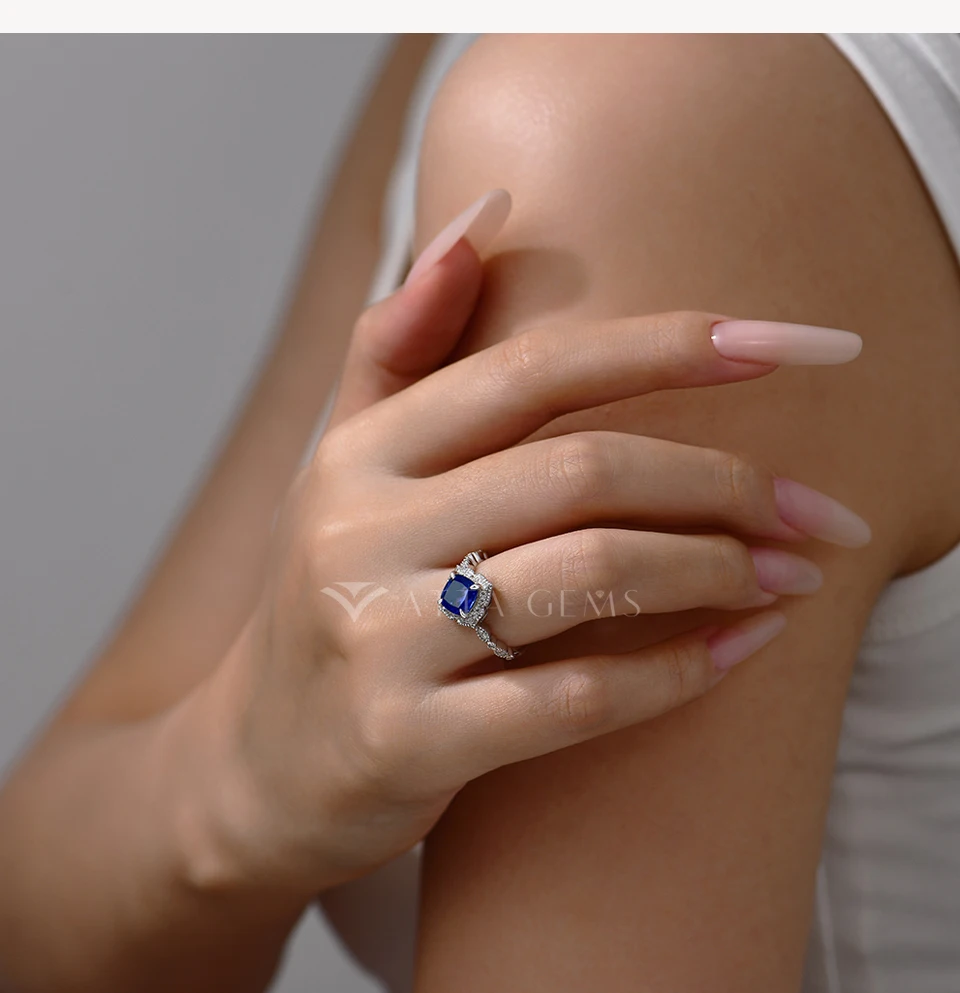 ATTAGEMS Classical Blue Sapphire Ring Cushion Cut 2.0ct DVVS1 Real 925 Sterling Silver For Women Engagement Wedding Fine Jewelry