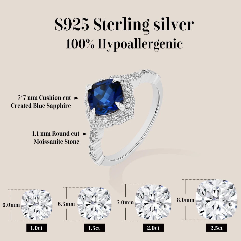 ATTAGEMS Classical Blue Sapphire Ring Cushion Cut 2.0ct DVVS1 Real 925 Sterling Silver For Women Engagement Wedding Fine Jewelry ATTAGEMS Classical Blue Sapphire Ring Cushion Cut 2.0ct DVVS1 Real 925 Sterling Silver For Women Engagement Wedding Fine Jewelry