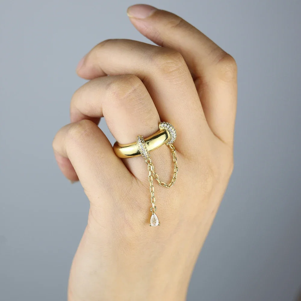 Gold Plated Tear Drop CZ Tassel Chain Dome Ring 2025 New High Quality Pave 5A Cubic Zirconia Women Finger Jewelry Wedding
