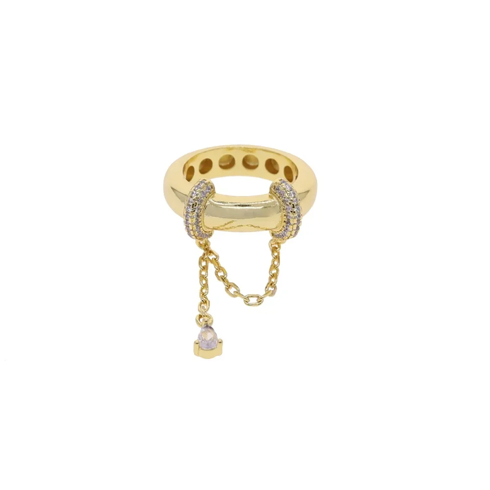Gold Plated Tear Drop CZ Tassel Chain Dome Ring 2025 New High Quality Pave 5A Cubic Zirconia Women Finger Jewelry Wedding