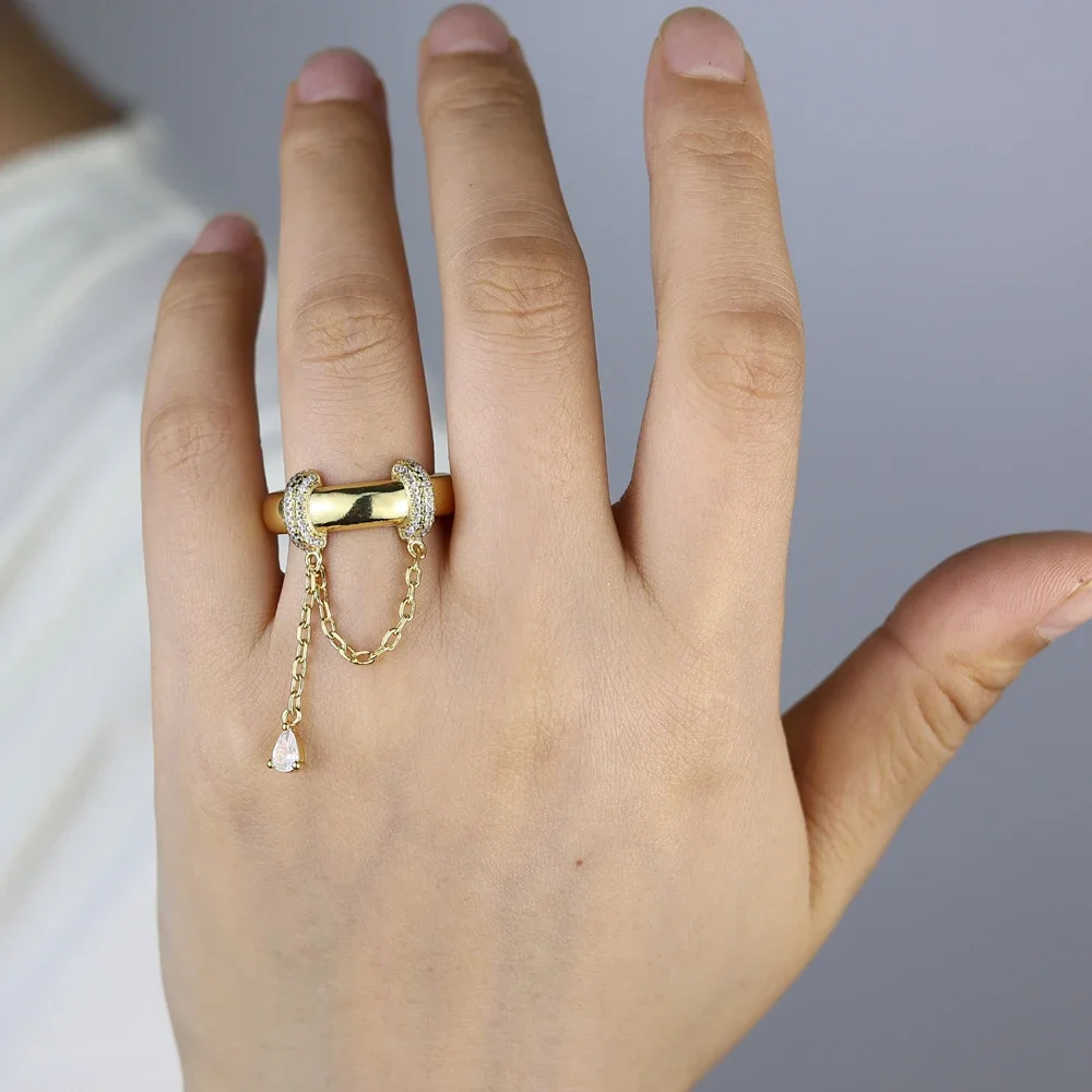 Gold Plated Tear Drop CZ Tassel Chain Dome Ring 2025 New High Quality Pave 5A Cubic Zirconia Women Finger Jewelry Wedding