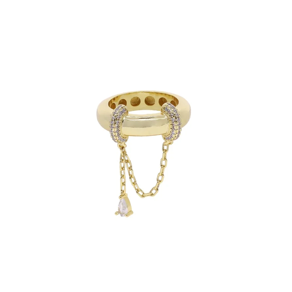 Gold Plated Tear Drop CZ Tassel Chain Dome Ring 2025 New High Quality Pave 5A Cubic Zirconia Women Finger Jewelry Wedding
