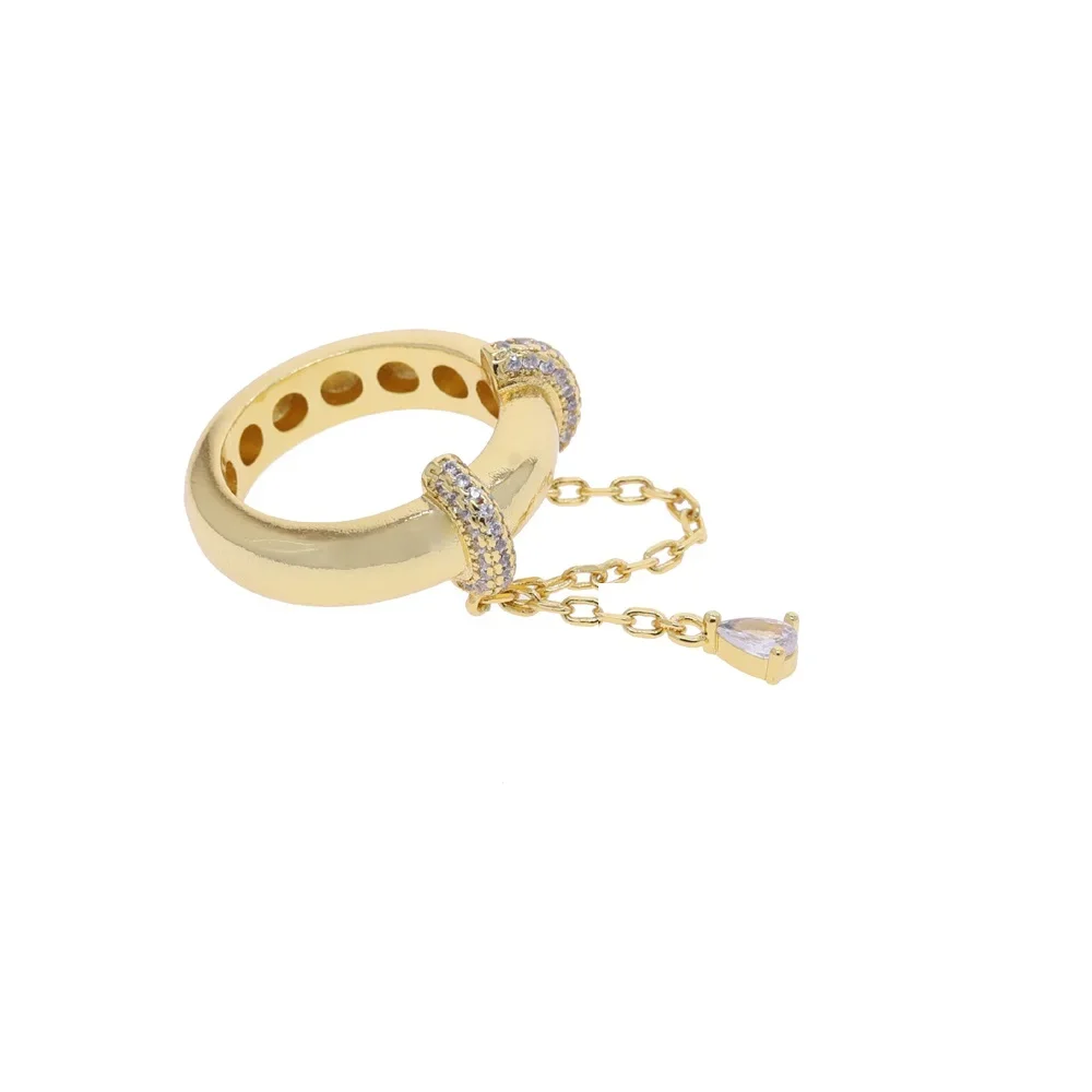 Gold Plated Tear Drop CZ Tassel Chain Dome Ring 2025 New High Quality Pave 5A Cubic Zirconia Women Finger Jewelry Wedding