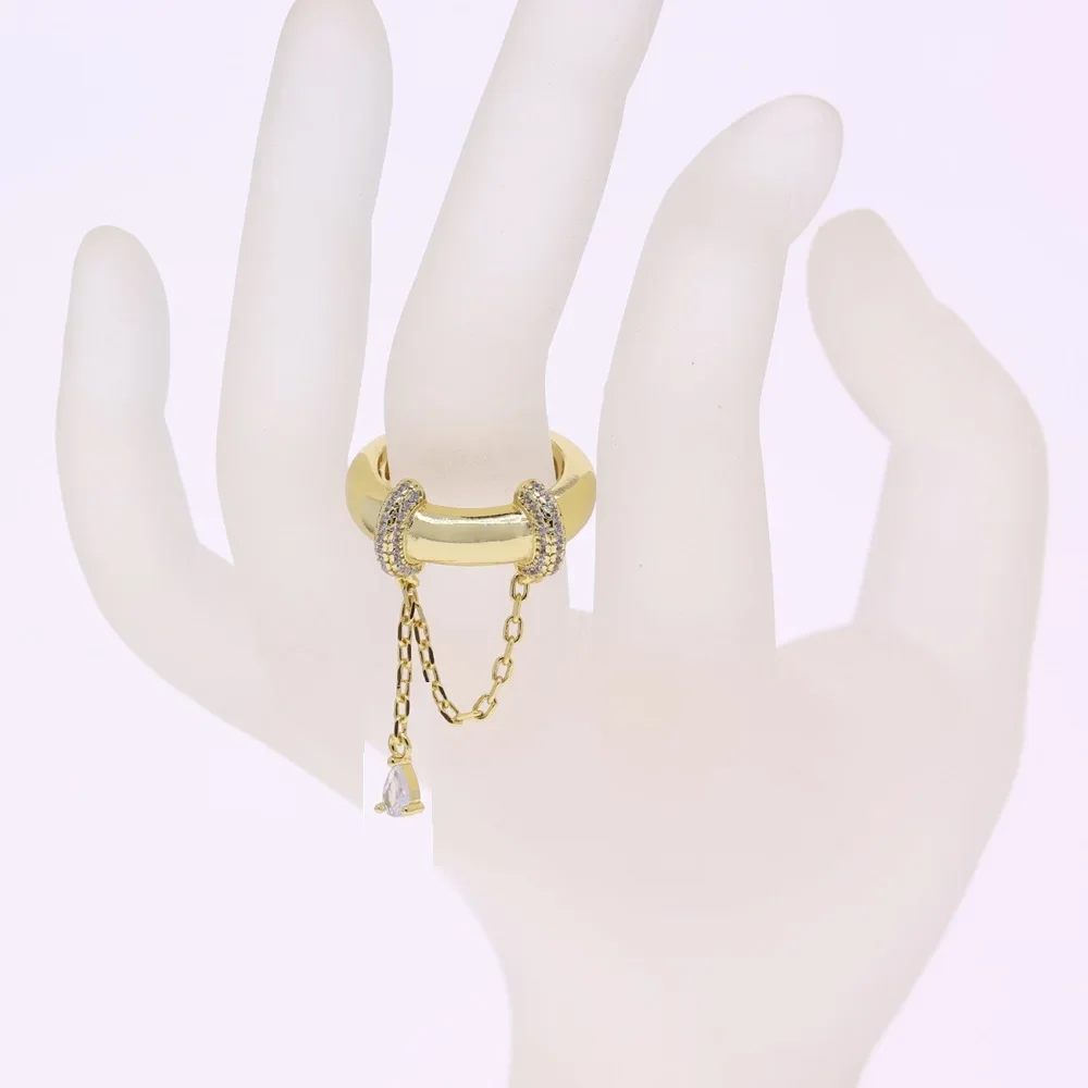 Gold Plated Tear Drop CZ Tassel Chain Dome Ring 2025 New High Quality Pave 5A Cubic Zirconia Women Finger Jewelry Wedding