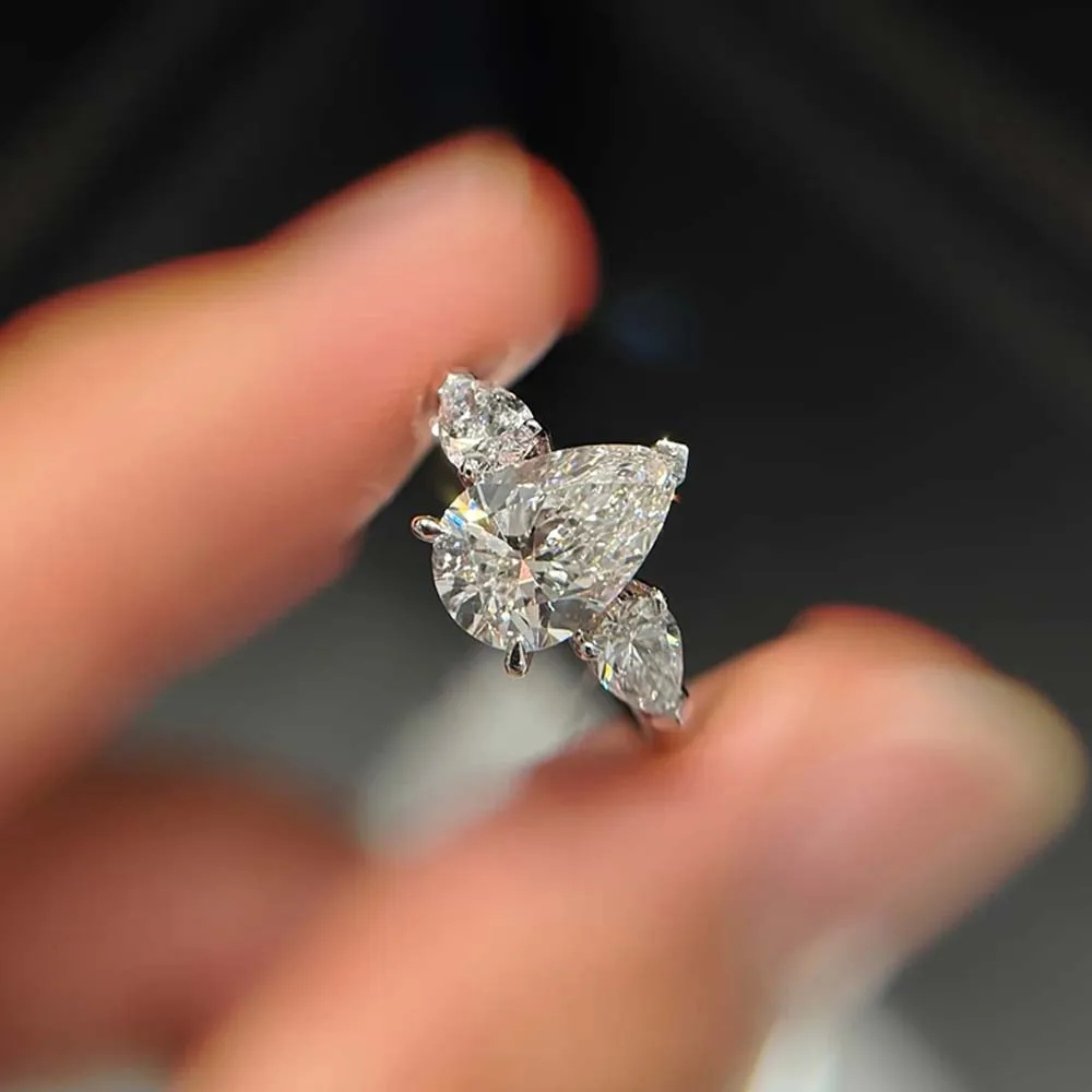 1-5CT Pear Cut Miossanite Ring Certified 925 Sterling Silver Plated 18K D VVS1 Lab Diamond Wedding Engagement Band for Women