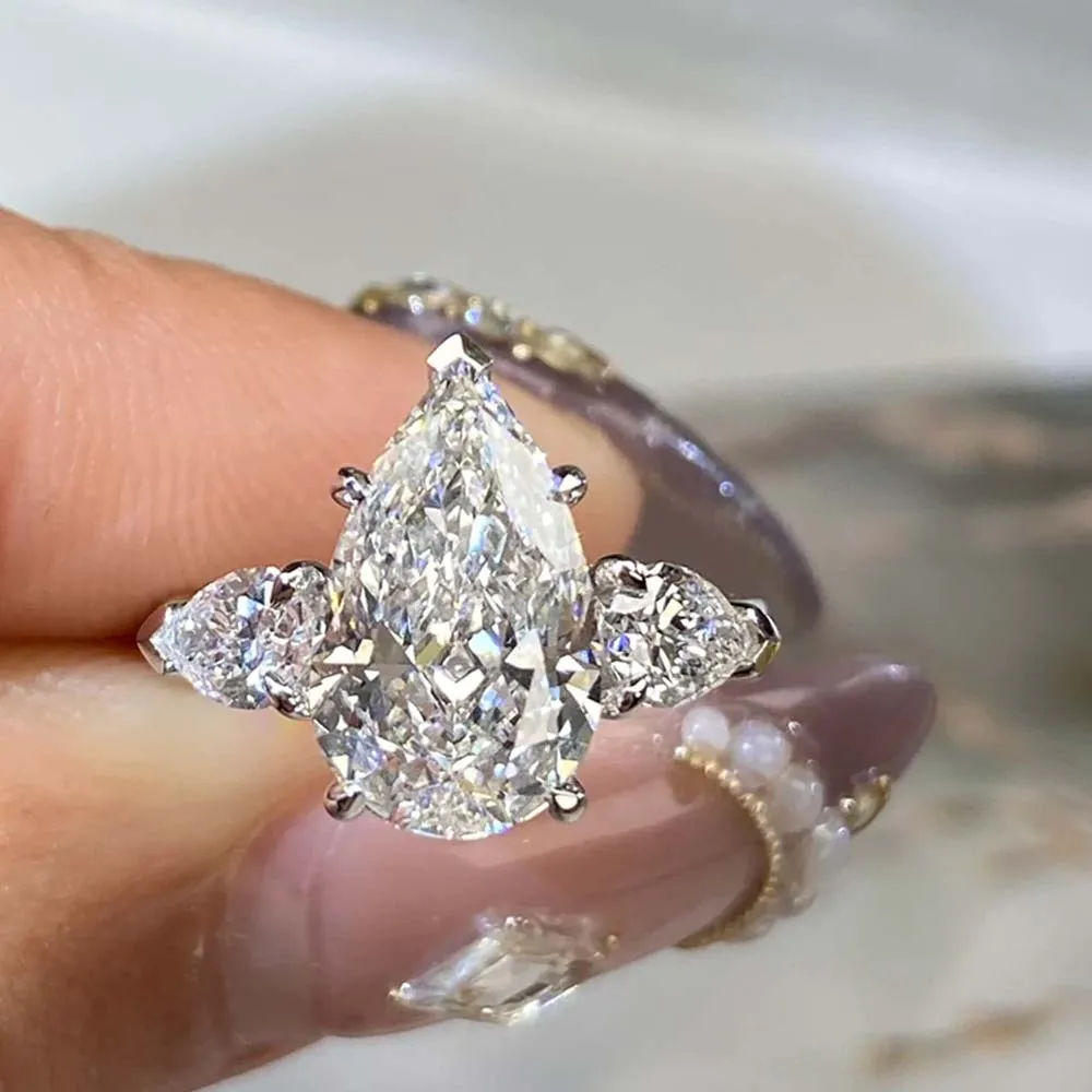 1-5CT Pear Cut Miossanite Ring Certified 925 Sterling Silver Plated 18K D VVS1 Lab Diamond Wedding Engagement Band for Women