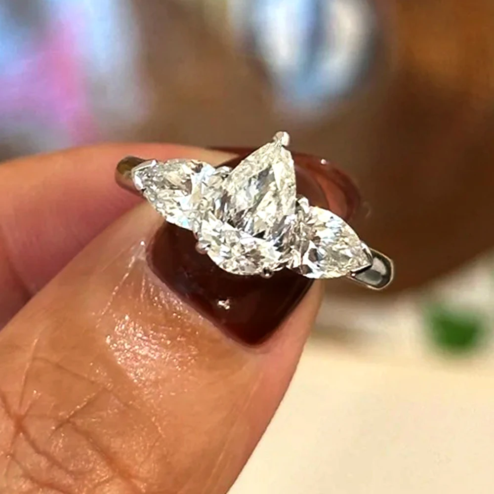 1-5CT Pear Cut Miossanite Ring Certified 925 Sterling Silver Plated 18K D VVS1 Lab Diamond Wedding Engagement Band for Women